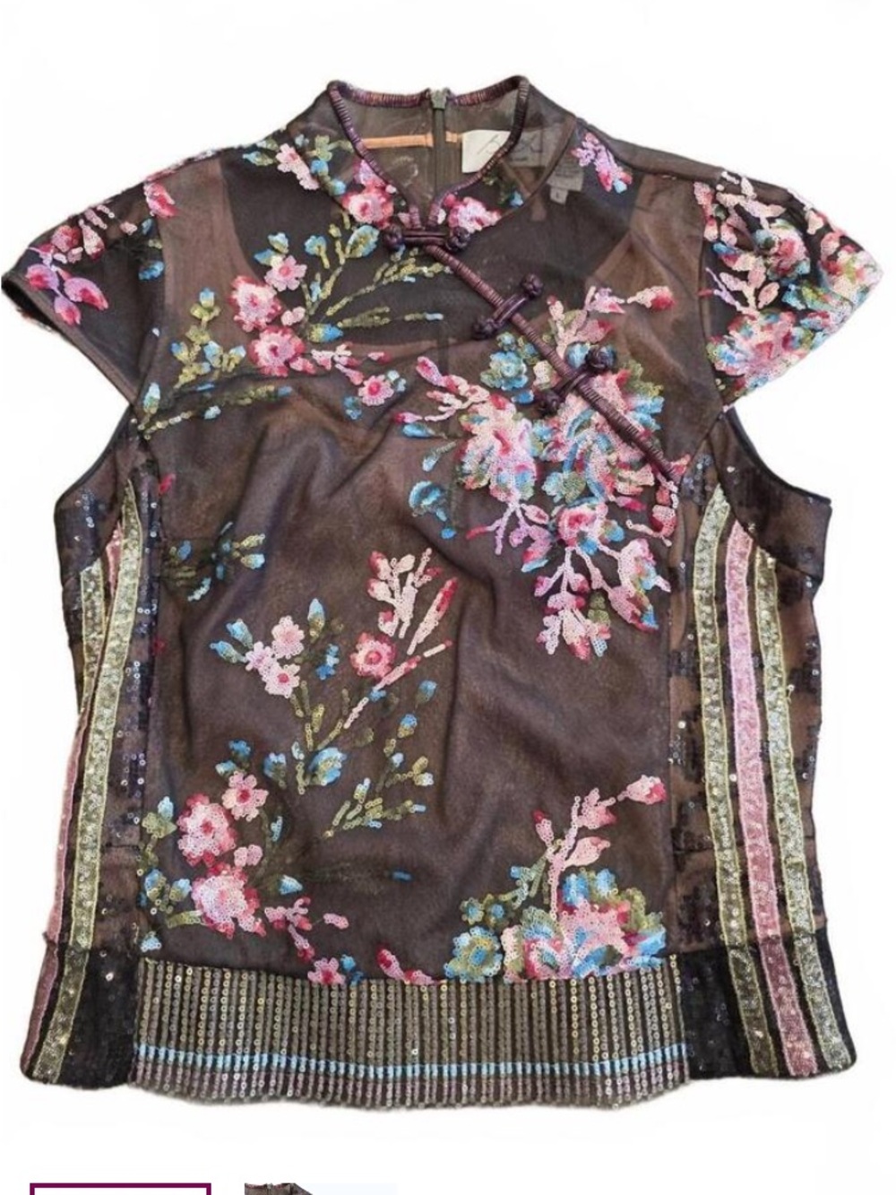 Byron Lars Black Sheer Floral Embroidered Cap-Sleeve Top